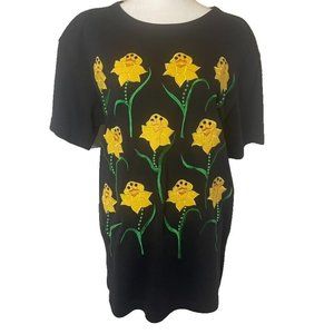 Bechamel Vintage Black Daffodil Beaded Applique Blouse Women's Size‎ S